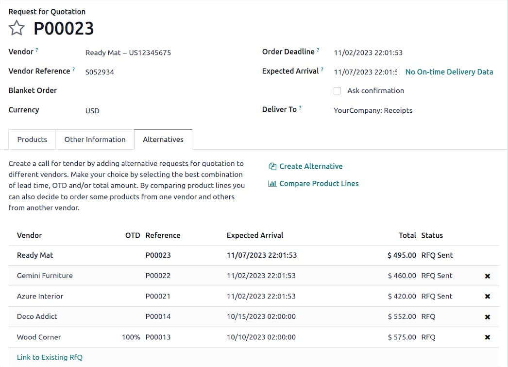 Pantalla real de Odoo: solicitud de cotización a proveedores con comparación de alternativas por precio y fecha de entrega
