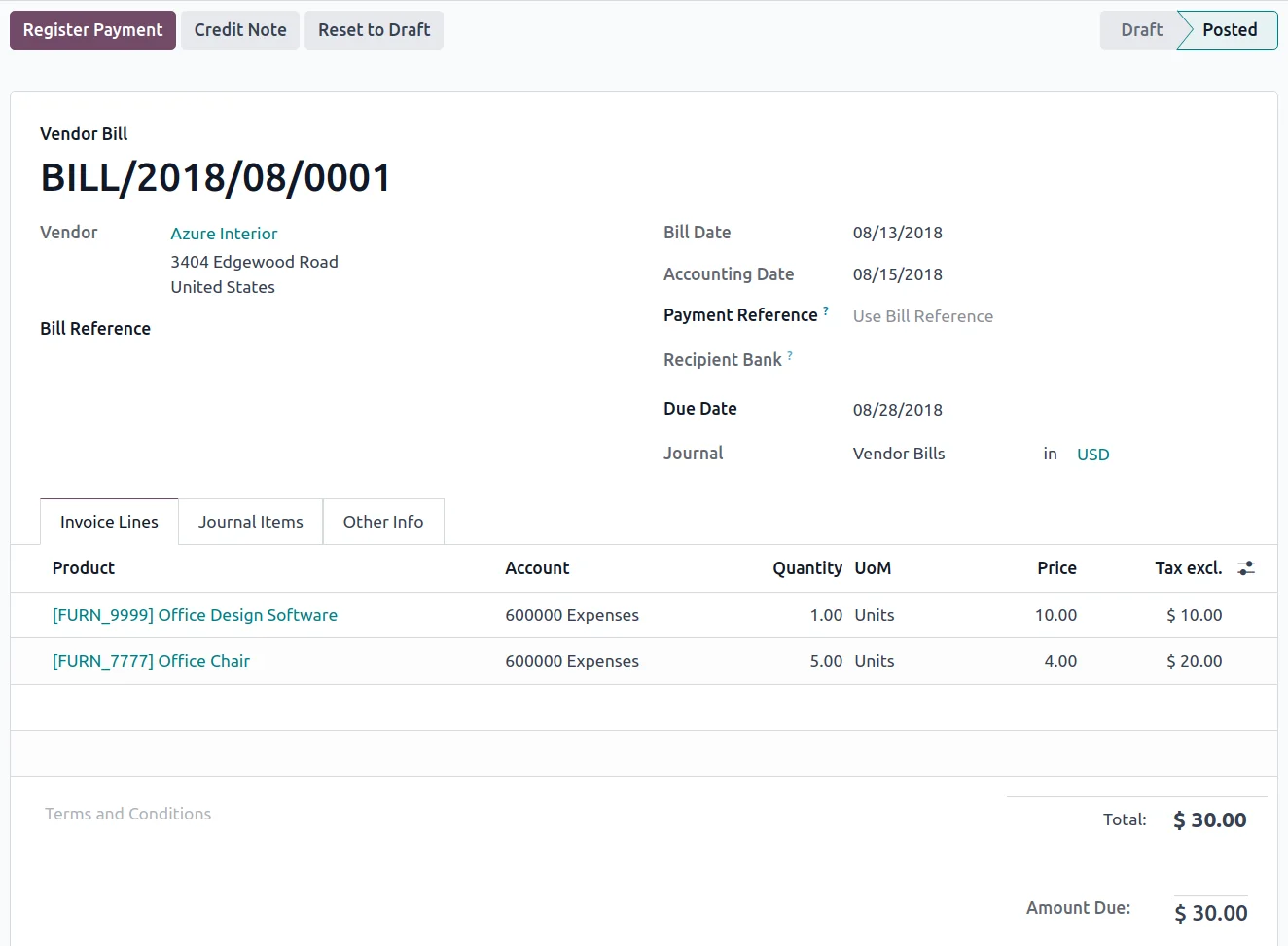 Pantalla real de Odoo: factura de proveedor registrada en contabilidad con líneas, cuentas contables y total por pagar