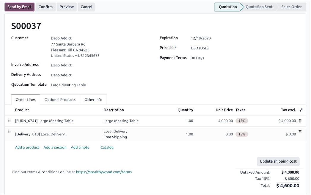 Pantalla real de Odoo: cotización de venta con líneas de producto, impuestos y flujo de cotización a orden de venta